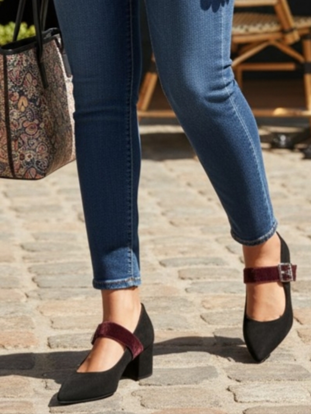 DKNY Black Velvet Pointed Mary Jane Pumps with Burgundy Strap